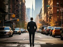 uomo gode un' senza fretta passeggiare attraverso il vivace città strade ai generativo foto