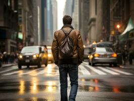 uomo gode un' senza fretta passeggiare attraverso il vivace città strade ai generativo foto