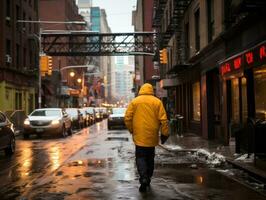 uomo gode un' senza fretta passeggiare attraverso il vivace città strade ai generativo foto