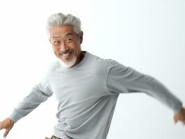 40 anno vecchio asiatico uomo nel giocoso posa su bianca sfondo ai generativo foto