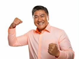 40 anno vecchio asiatico uomo nel giocoso posa su bianca sfondo ai generativo foto