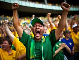 brasiliano uomo celebra il suo calcio squadre vittoria ai generativo foto