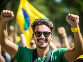 brasiliano uomo celebra il suo calcio squadre vittoria ai generativo foto