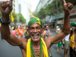 brasiliano uomo celebra il suo calcio squadre vittoria ai generativo foto