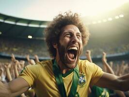 brasiliano uomo celebra il suo calcio squadre vittoria ai generativo foto