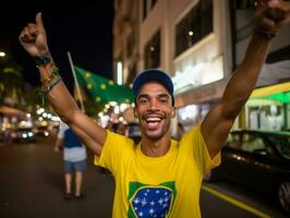 brasiliano uomo celebra il suo calcio squadre vittoria ai generativo foto