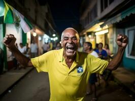 brasiliano uomo celebra il suo calcio squadre vittoria ai generativo foto