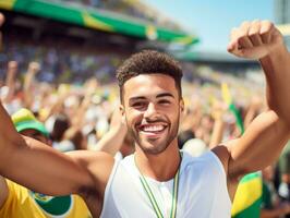 brasiliano uomo celebra il suo calcio squadre vittoria ai generativo foto