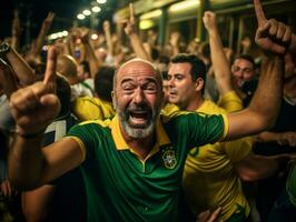 brasiliano uomo celebra il suo calcio squadre vittoria ai generativo foto