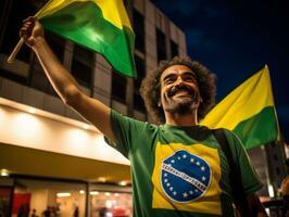 brasiliano uomo celebra il suo calcio squadre vittoria ai generativo foto