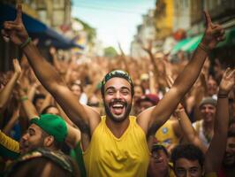 brasiliano uomo celebra il suo calcio squadre vittoria ai generativo foto