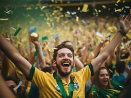 brasiliano uomo celebra il suo calcio squadre vittoria ai generativo foto