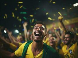 brasiliano uomo celebra il suo calcio squadre vittoria ai generativo foto