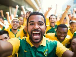 brasiliano uomo celebra il suo calcio squadre vittoria ai generativo foto