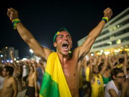 brasiliano uomo celebra il suo calcio squadre vittoria ai generativo foto