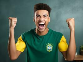 brasiliano uomo celebra il suo calcio squadre vittoria ai generativo foto