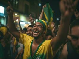 brasiliano uomo celebra il suo calcio squadre vittoria ai generativo foto