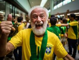 brasiliano uomo celebra il suo calcio squadre vittoria ai generativo foto