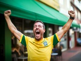 brasiliano uomo celebra il suo calcio squadre vittoria ai generativo foto