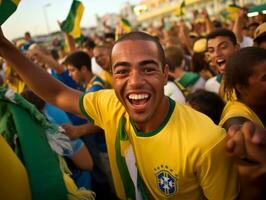 brasiliano uomo celebra il suo calcio squadre vittoria ai generativo foto