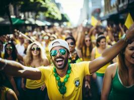 brasiliano uomo celebra il suo calcio squadre vittoria ai generativo foto