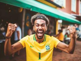 brasiliano uomo celebra il suo calcio squadre vittoria ai generativo foto