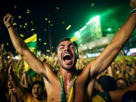 brasiliano uomo celebra il suo calcio squadre vittoria ai generativo foto