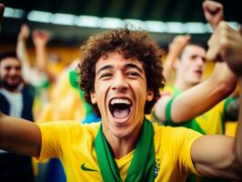 brasiliano uomo celebra il suo calcio squadre vittoria ai generativo foto