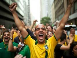 brasiliano uomo celebra il suo calcio squadre vittoria ai generativo foto