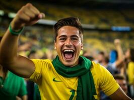 brasiliano uomo celebra il suo calcio squadre vittoria ai generativo foto