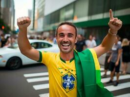 brasiliano uomo celebra il suo calcio squadre vittoria ai generativo foto