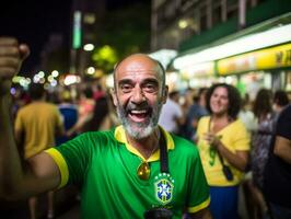 brasiliano uomo celebra il suo calcio squadre vittoria ai generativo foto