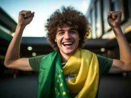 brasiliano uomo celebra il suo calcio squadre vittoria ai generativo foto