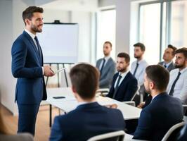 uomo nel un' attività commerciale incontro principale con fiducia ai generativo foto