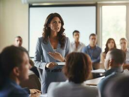 donna nel un' attività commerciale incontro principale con fiducia ai generativo foto