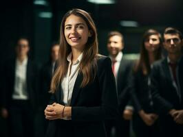 donna nel un' attività commerciale incontro principale con fiducia ai generativo foto