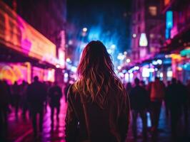 donna nel futuristico Abiti gode senza fretta passeggiare attraverso neon città strade ai generativo foto
