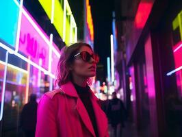 donna nel futuristico Abiti gode senza fretta passeggiare attraverso neon città strade ai generativo foto