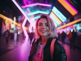 donna nel futuristico Abiti gode senza fretta passeggiare attraverso neon città strade ai generativo foto