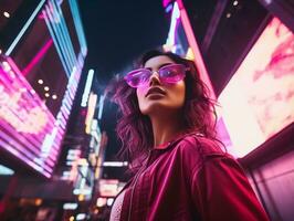 donna nel futuristico Abiti gode senza fretta passeggiare attraverso neon città strade ai generativo foto