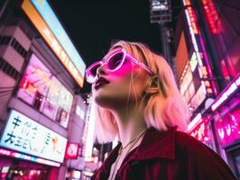 donna nel futuristico Abiti gode senza fretta passeggiare attraverso neon città strade ai generativo foto