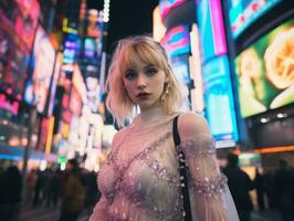 donna nel futuristico Abiti gode senza fretta passeggiare attraverso neon città strade ai generativo foto