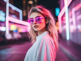 donna nel futuristico Abiti gode senza fretta passeggiare attraverso neon città strade ai generativo foto