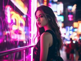 donna nel futuristico Abiti gode senza fretta passeggiare attraverso neon città strade ai generativo foto