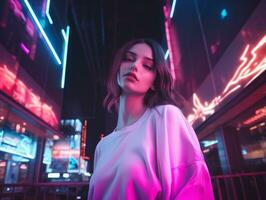 donna nel futuristico Abiti gode senza fretta passeggiare attraverso neon città strade ai generativo foto