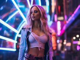 donna nel futuristico Abiti gode senza fretta passeggiare attraverso neon città strade ai generativo foto