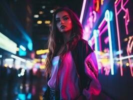 donna nel futuristico Abiti gode senza fretta passeggiare attraverso neon città strade ai generativo foto