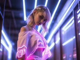 donna nel futuristico Abiti gode senza fretta passeggiare attraverso neon città strade ai generativo foto