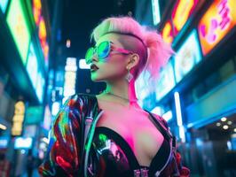 donna nel futuristico Abiti gode senza fretta passeggiare attraverso neon città strade ai generativo foto