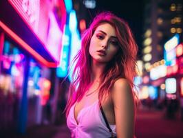 donna nel futuristico Abiti gode senza fretta passeggiare attraverso neon città strade ai generativo foto